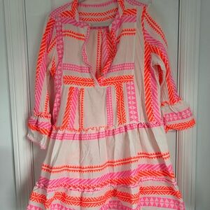 Neon Pink & Orange Patterned Cotton Tunic Dress Size S